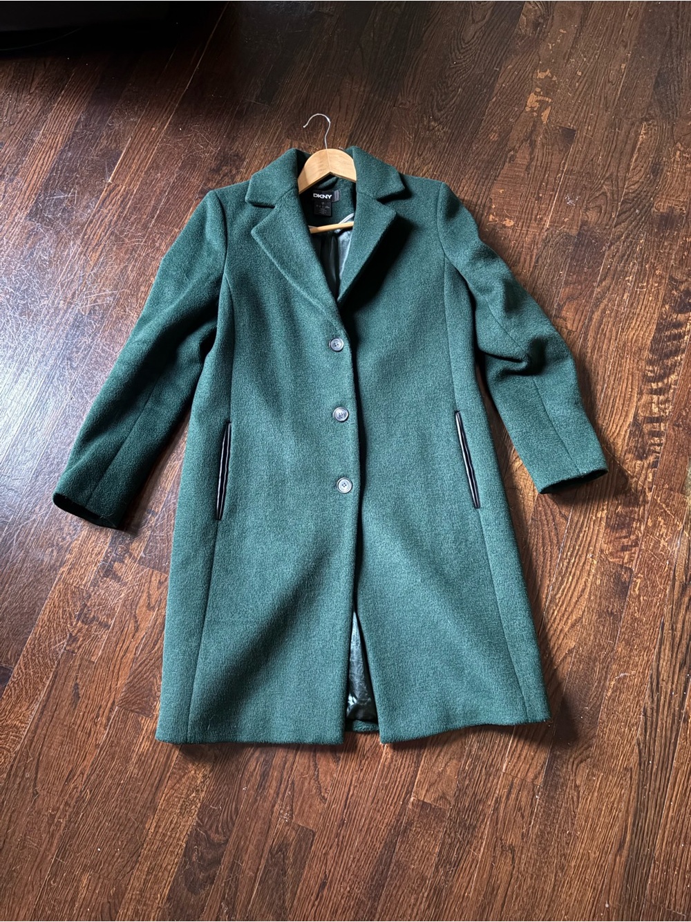 DKNY Green Wool Blend Pea Coat, Size Small